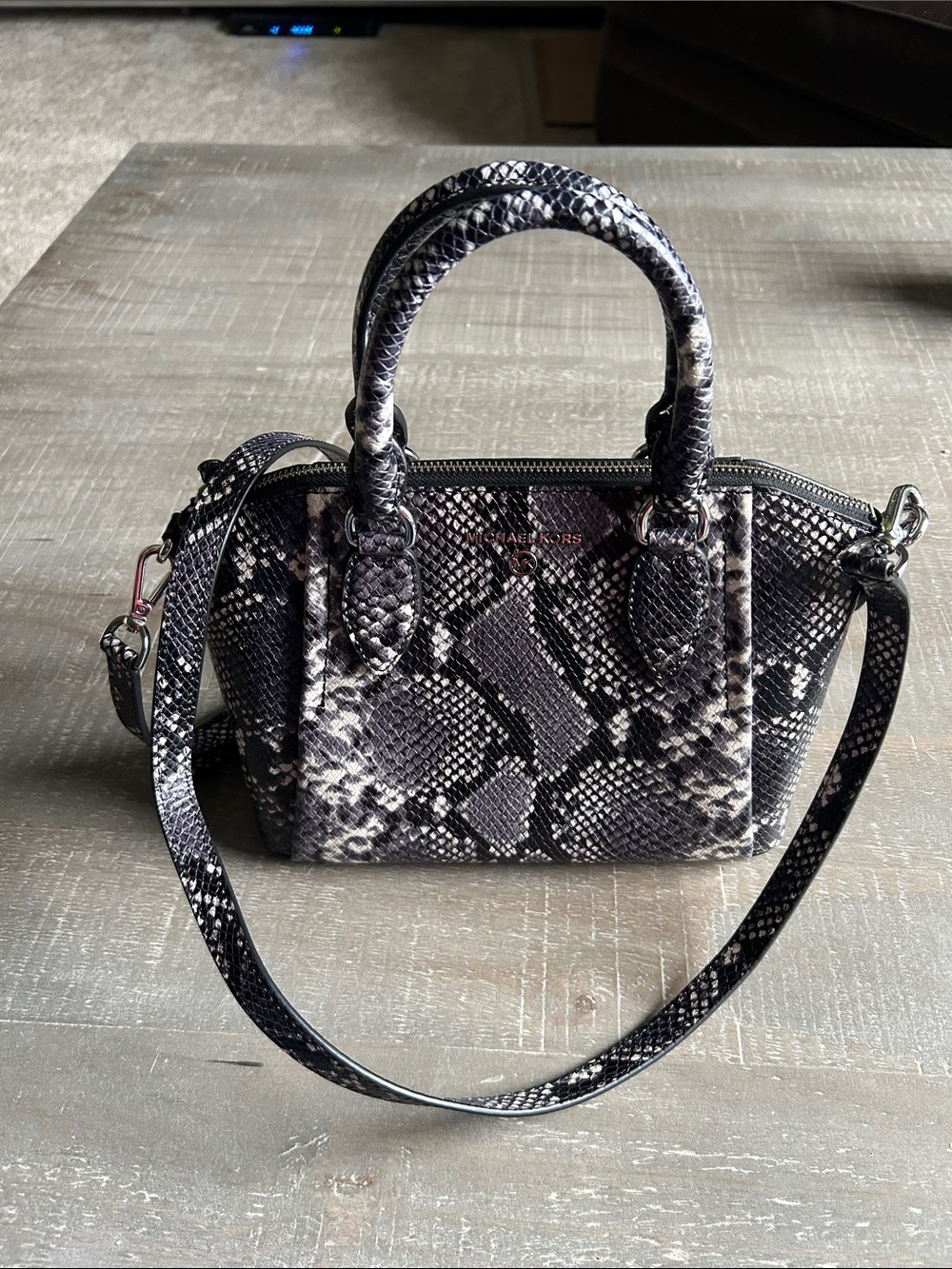 Michael Kors Black and Gray Python-Print Mini Satchel